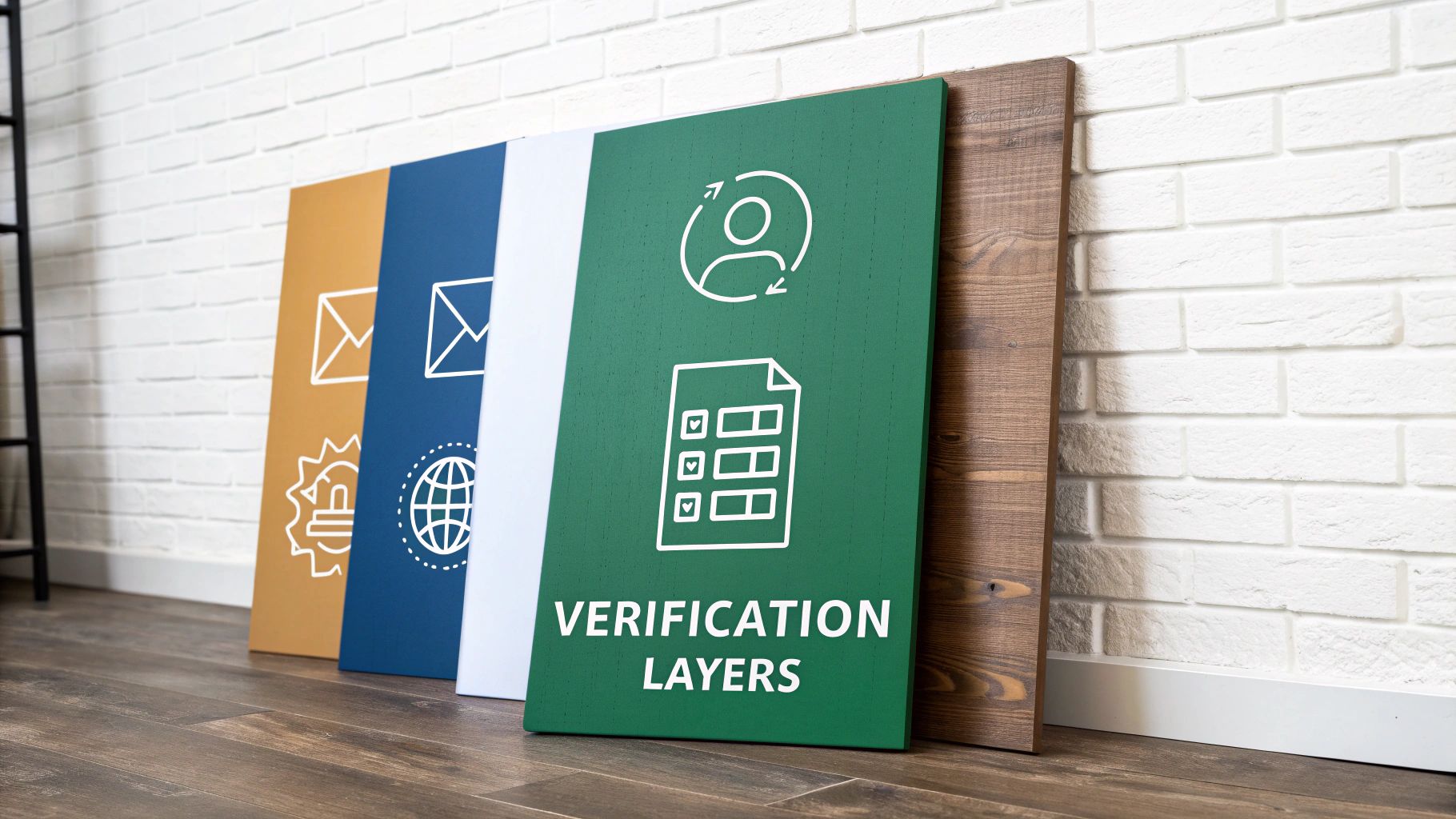 Colorful boards leaning against a white brick wall, one green board says 'VERIFICATION LAYERS' with icons.