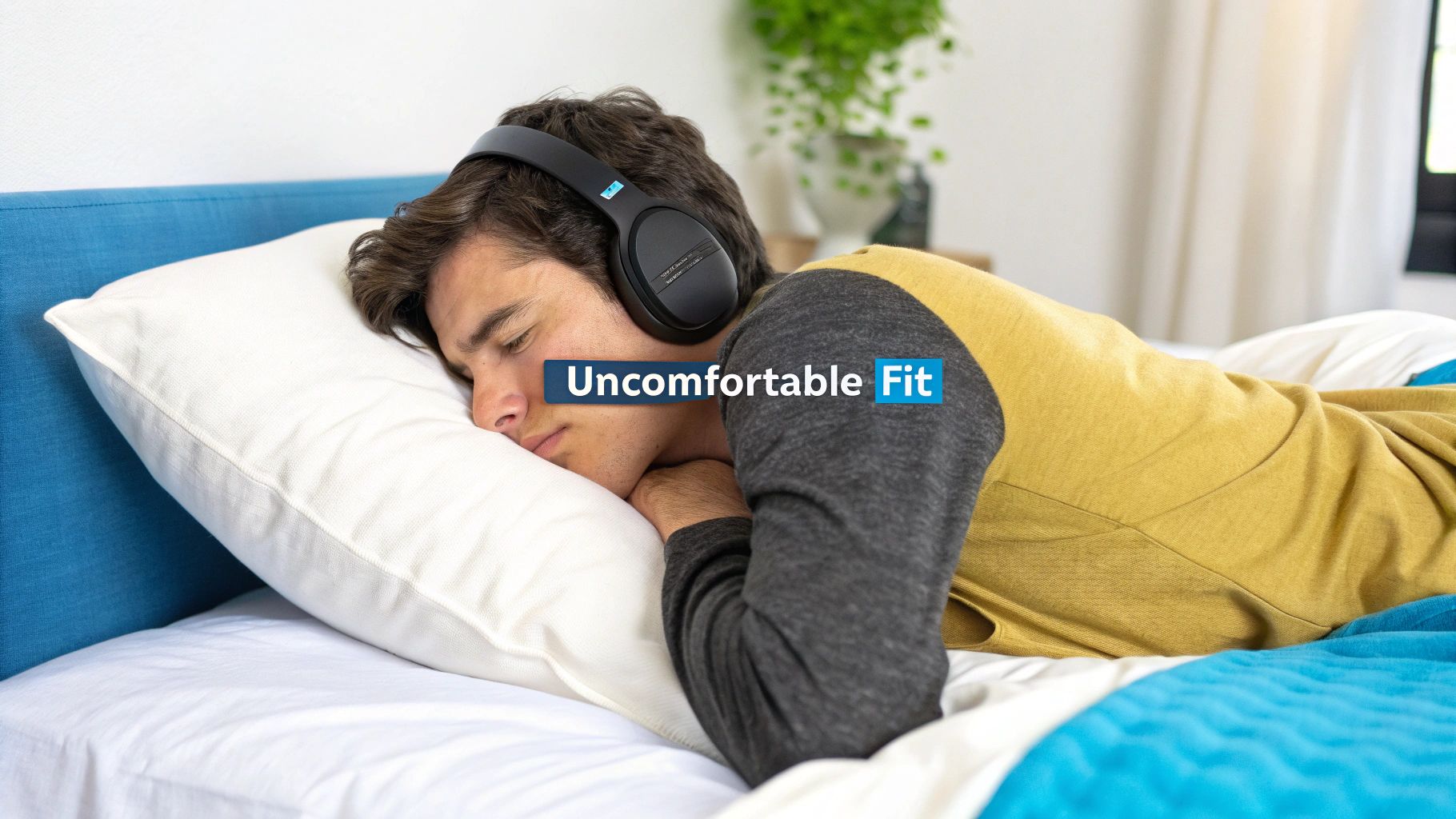 A person lying in bed, visibly uncomfortable with bulky headphones on.
