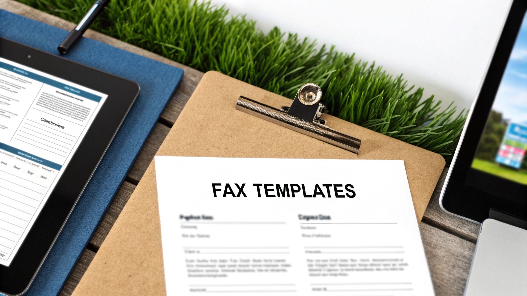 Overhead view of a desk with a 'FAX TEMPLATES' document on a clipboard, a tablet, and a pen.