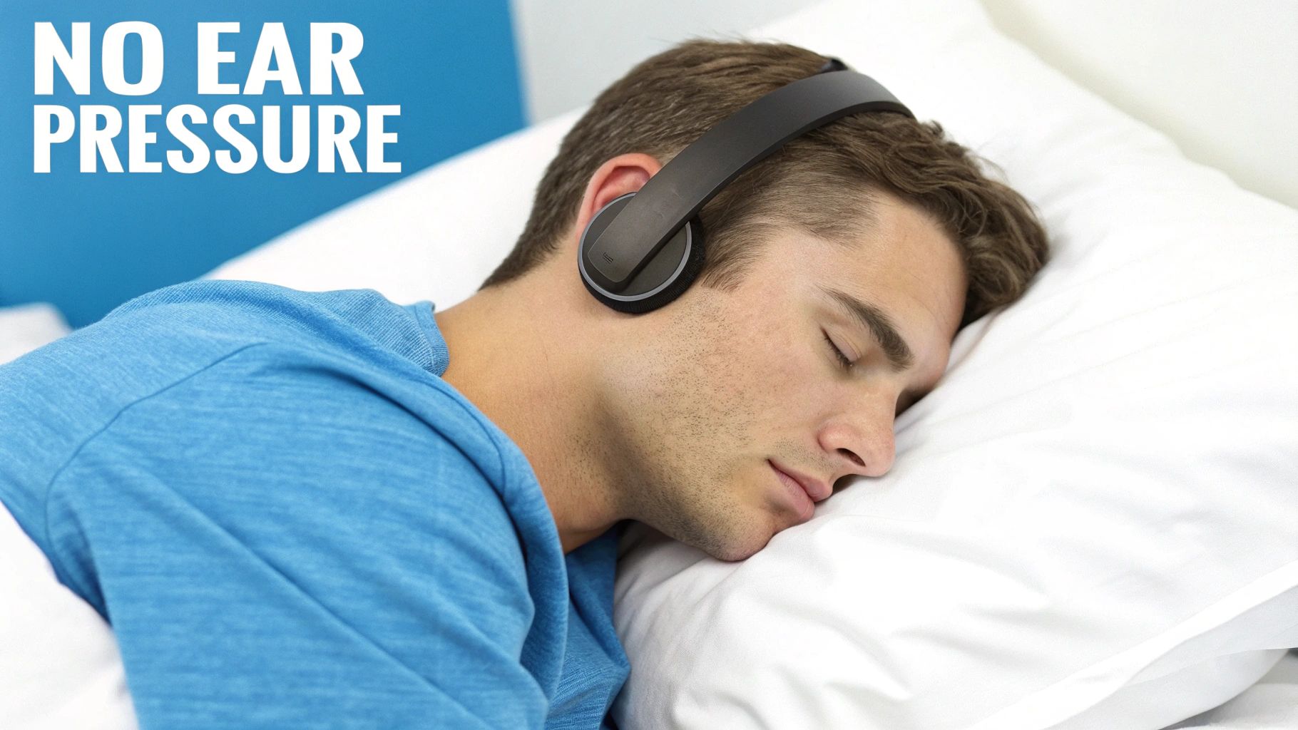 A man sleeps peacefully on his side wearing comfortable, slim headphones, emphasizing no ear pressure.