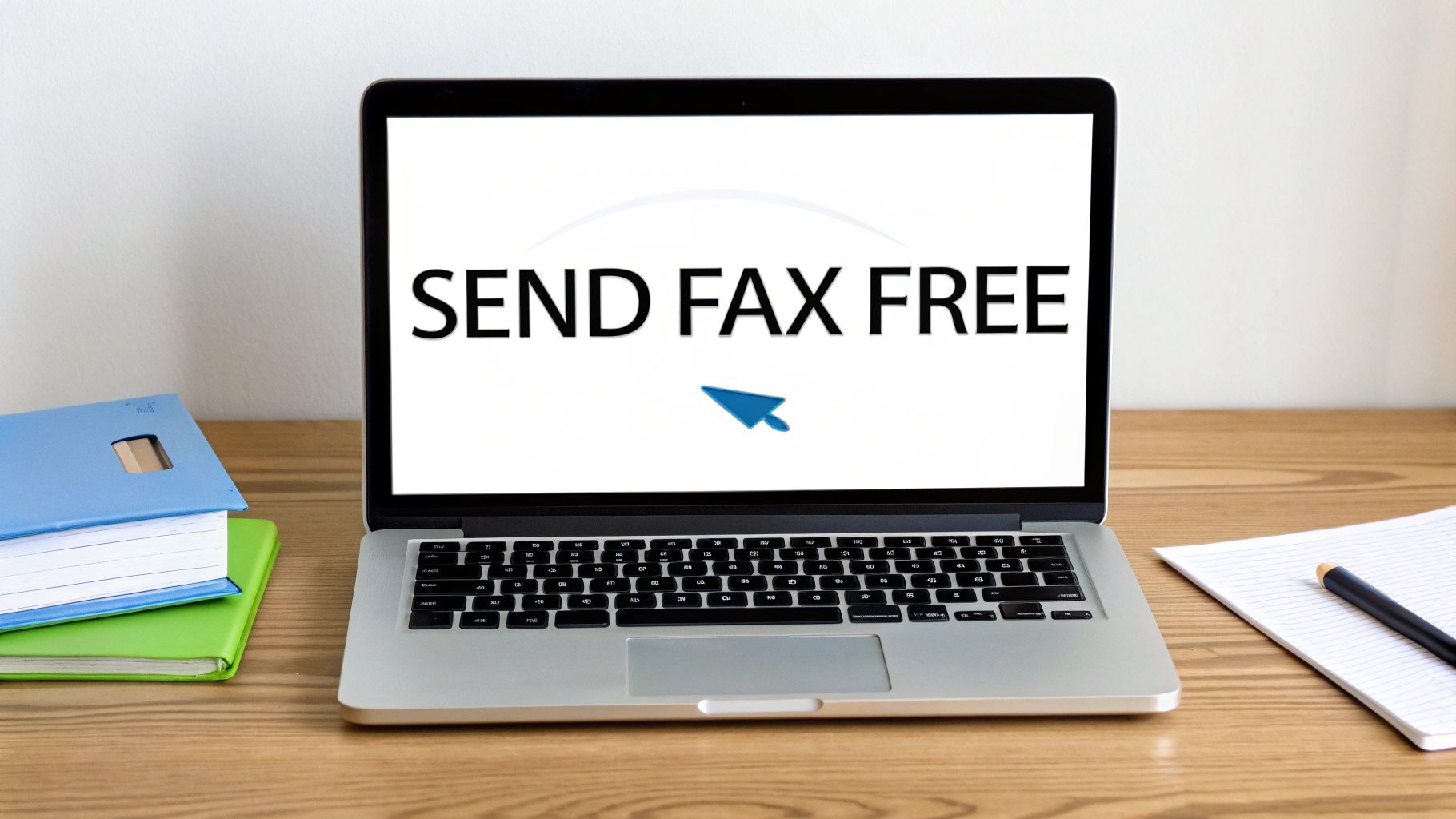 Laptop displaying send fax free message with paper airplane icon on wooden desk