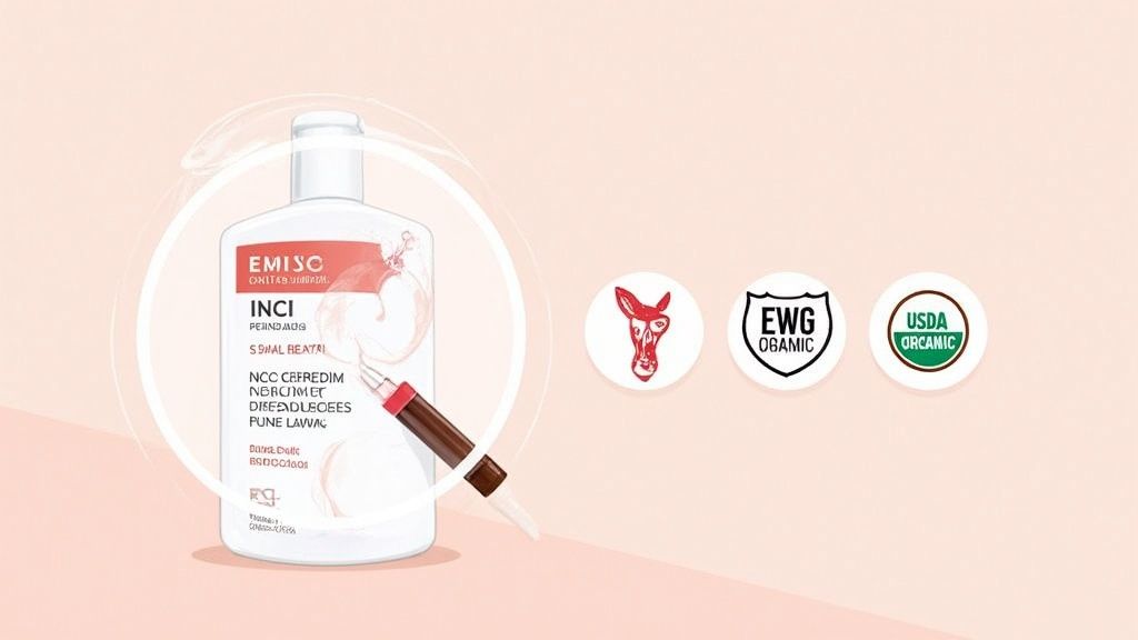 An Emiso product bottle with a dropper, alongside animal-friendly, EWG, and USDA Organic certification badges.