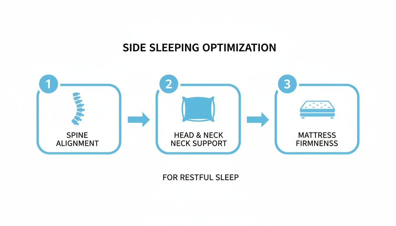 Diagram showing three steps for side sleeping optimization: spine alignment, head and neck support, and mattress firmness for restful sleep.