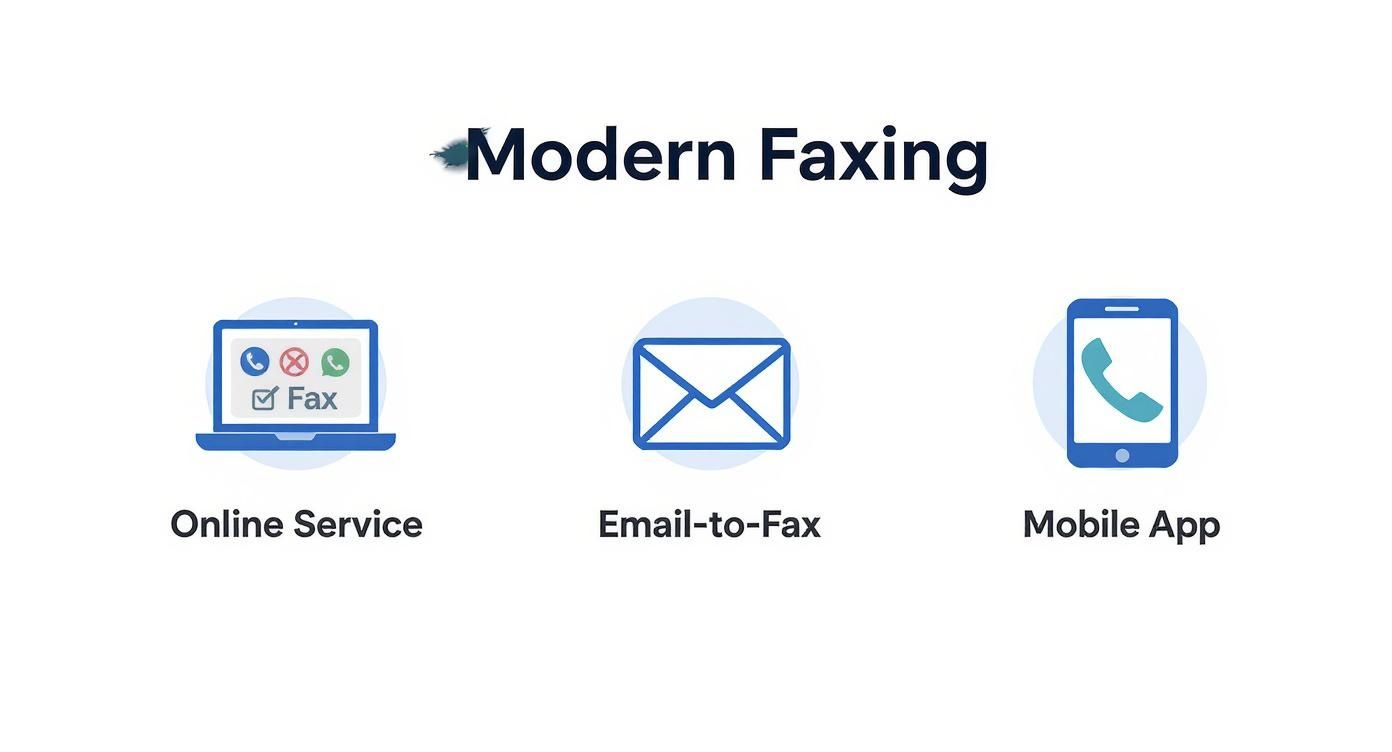 Modern faxing methods showing online service, email-to-fax, and mobile app options for digital communication