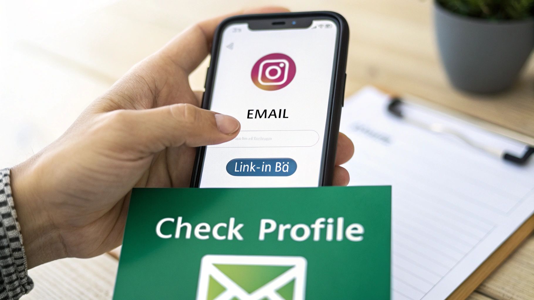 Hand holds phone with Instagram login displaying email field and 'Link-in Bö' button, near 'Check Profile' sign.