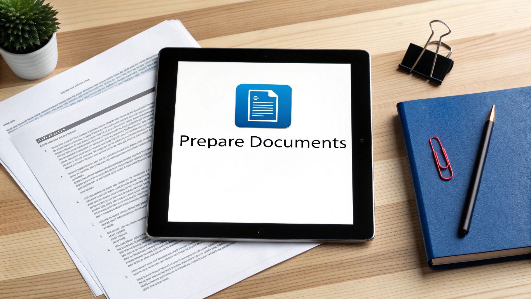 Tablet displaying prepare documents text with document icon on wooden desk with papers and notebook