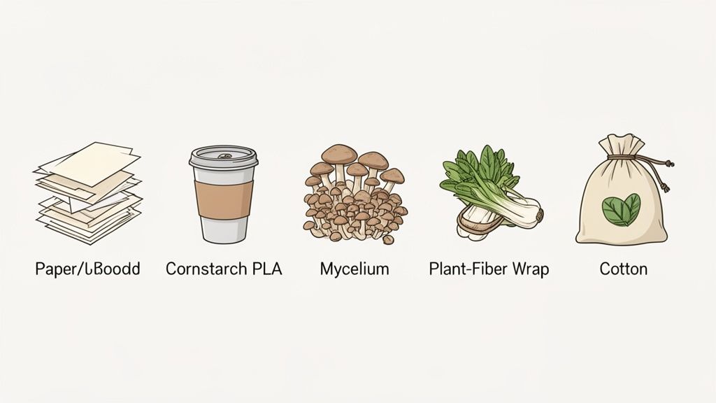 Illustrations of biodegradable materials including paper, cornstarch PLA, mycelium, plant-fiber wrap, and cotton.