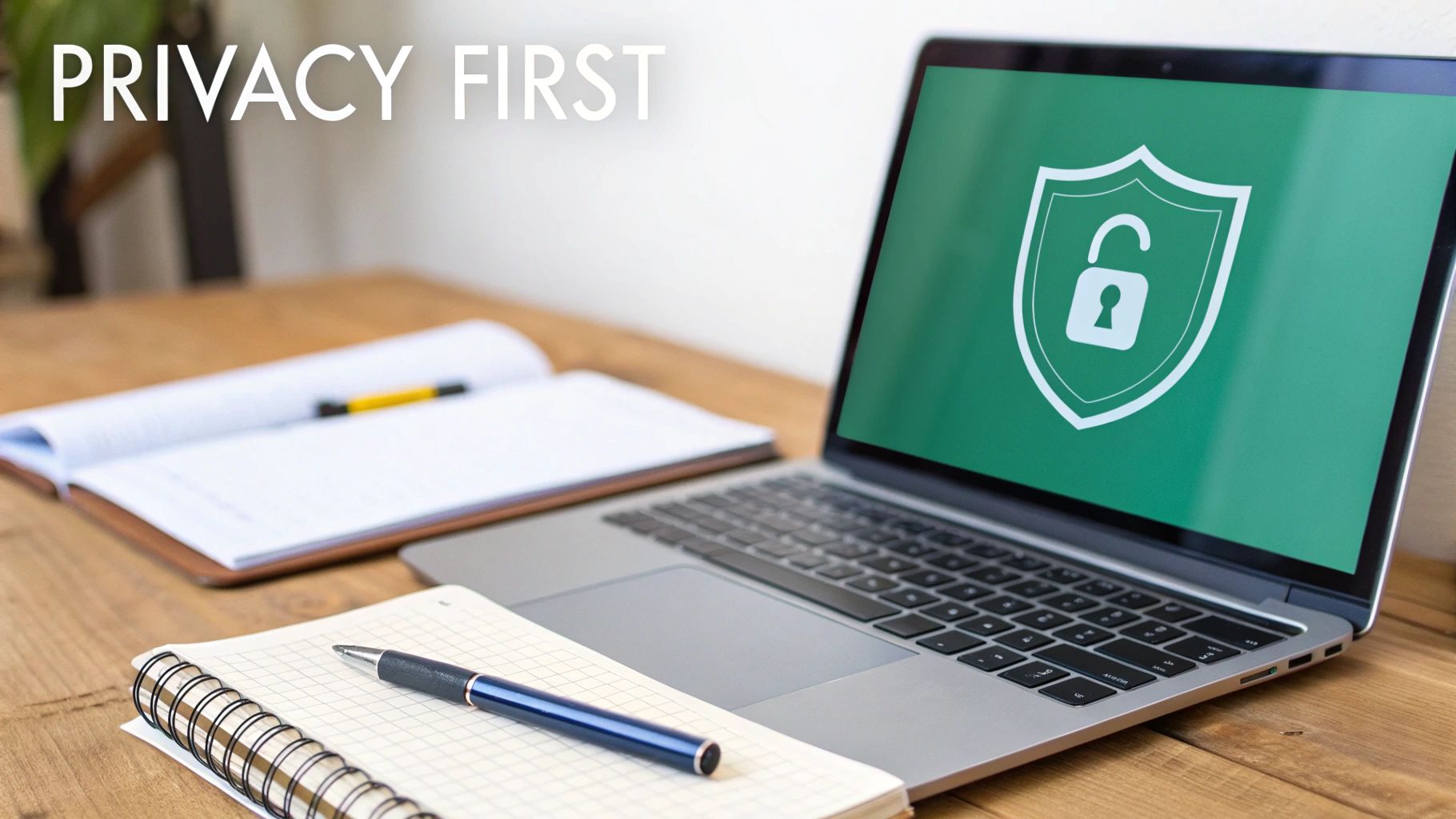 A laptop displaying a shield with an open padlock icon on a green screen, emphasizing privacy first.