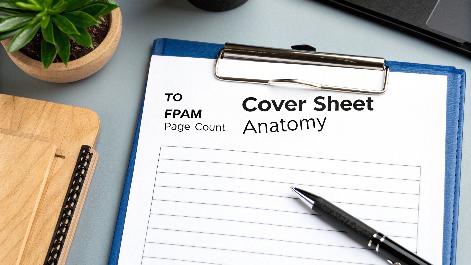 A close-up of a document titled "Cover Sheet Anatomy" on a clipboard with a pen, next to a small plant.