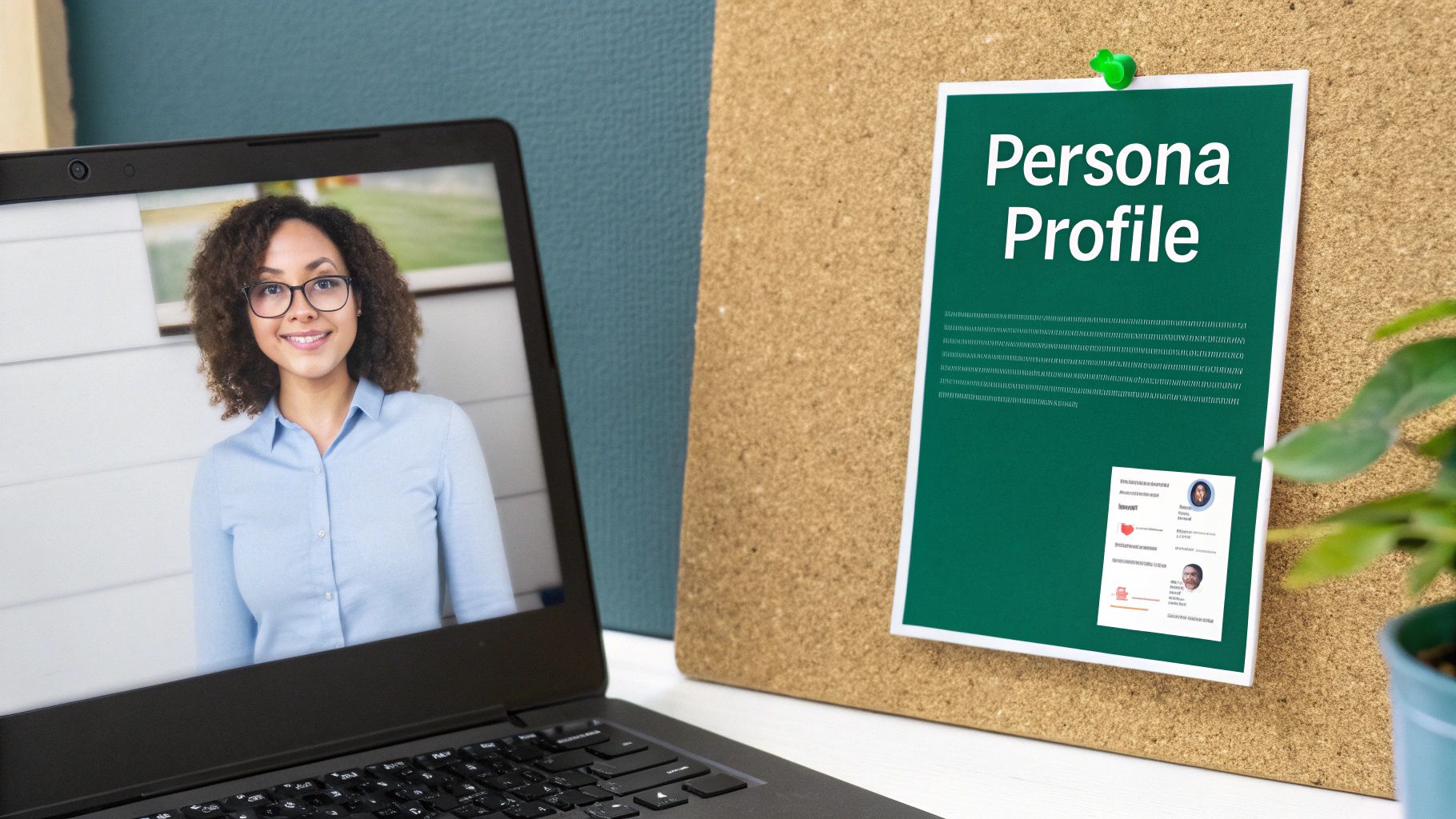 A laptop screen shows a smiling woman, next to a cork board with a 'Persona Profile' document.