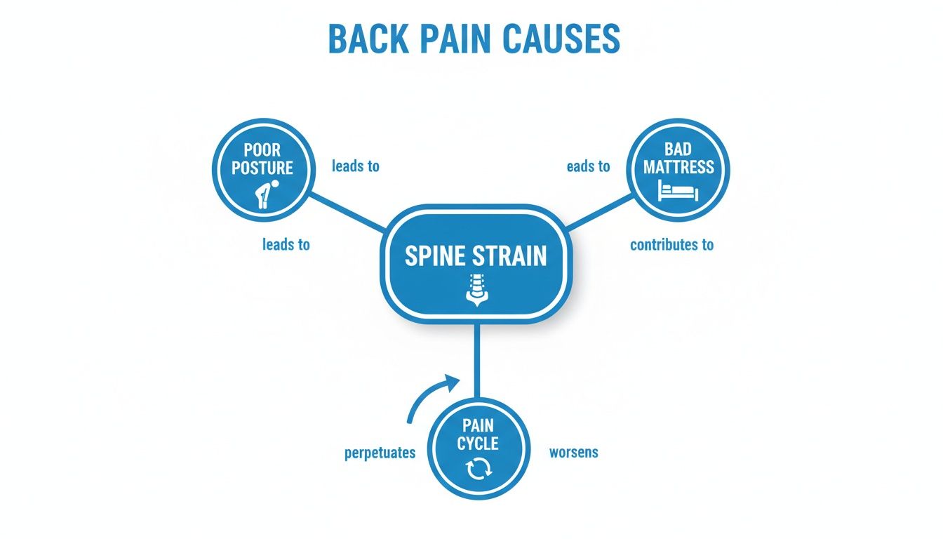 Infographic detailing back pain causes, including poor posture and bad mattresses leading to spine strain.
