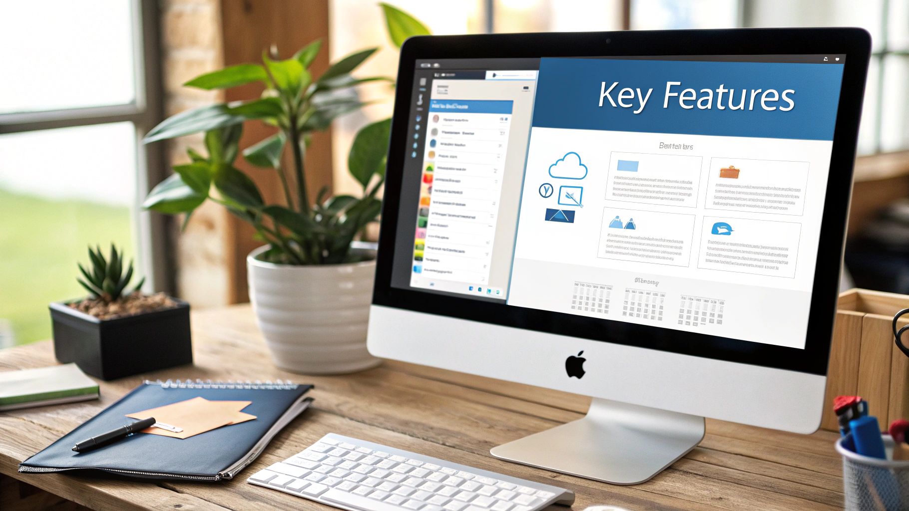 Professional workspace with an iMac displaying cloud-based features, a notebook, and plants on a wooden desk.