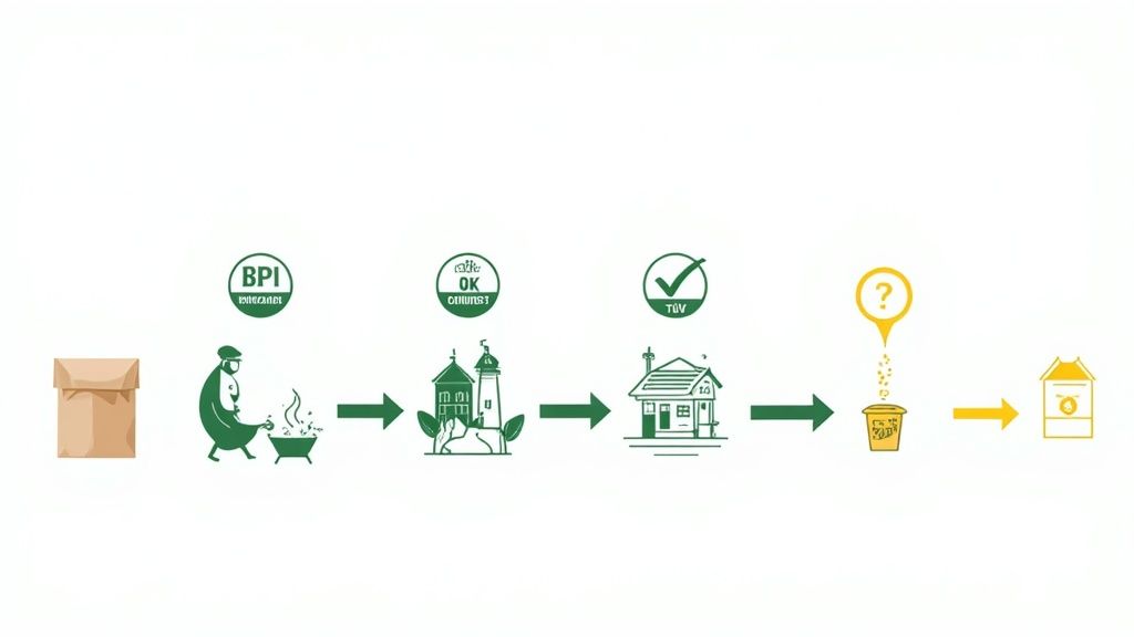 Infographic illustrating the lifecycle of biodegradable packaging, from use to certified composting and disposal.