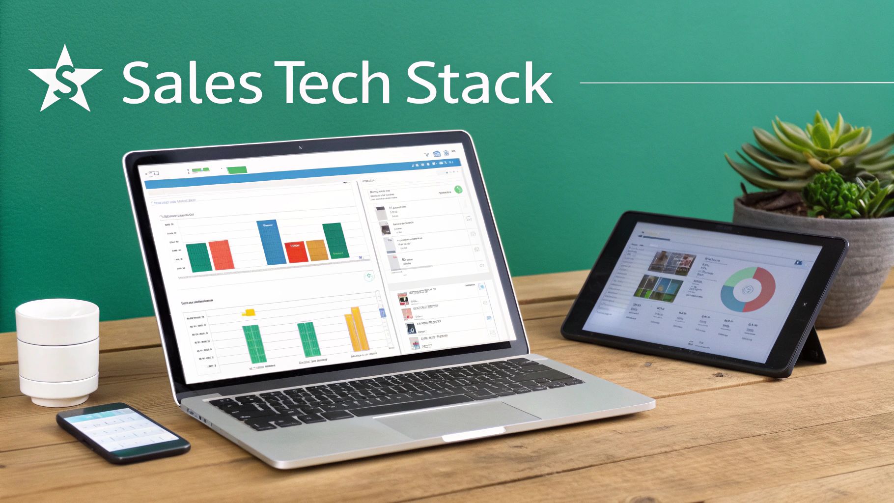 Modern sales tech stack on a wooden desk with a laptop, tablet, and smartphone showing data.