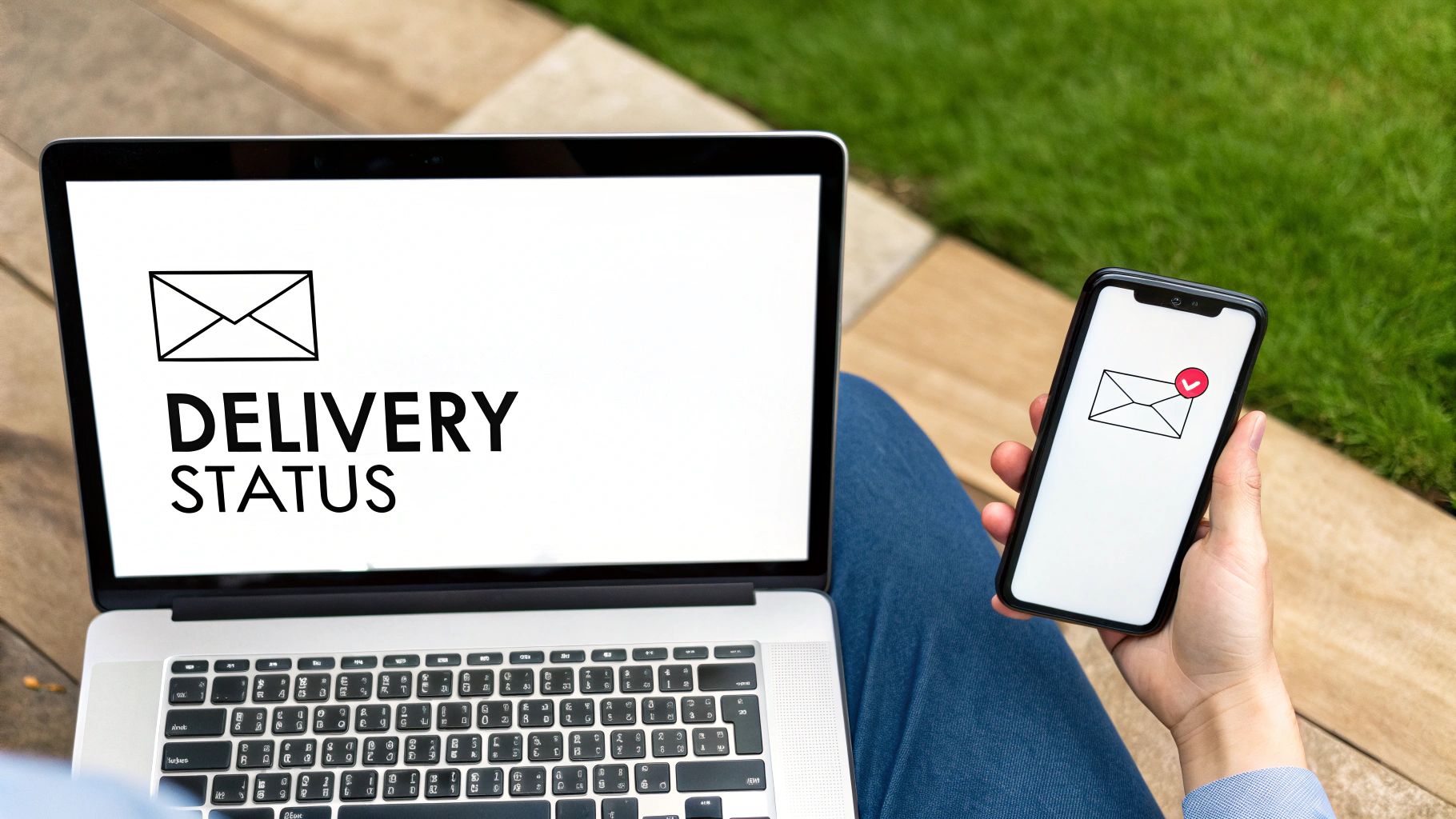 A person looking at a laptop screen showing a fax delivery confirmation email.