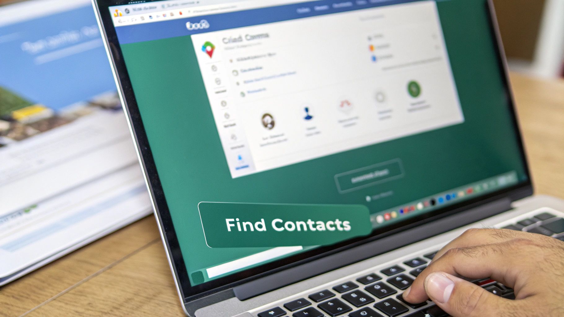 A person's hand types on a laptop displaying a web application with a 'Find Contacts' button.