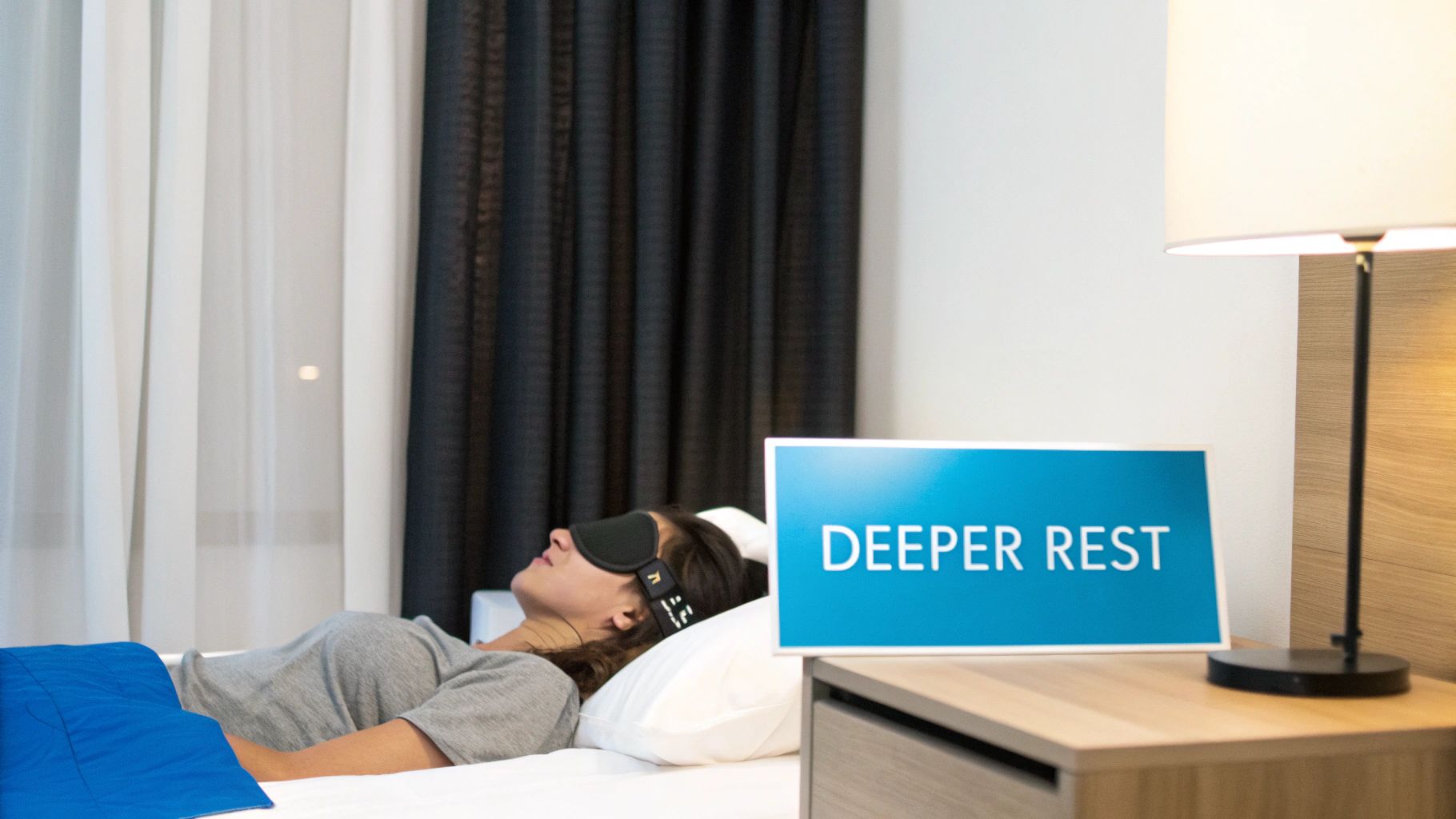 A person sleeping soundly while wearing a comfortable sleep eye mask in a well-lit room.