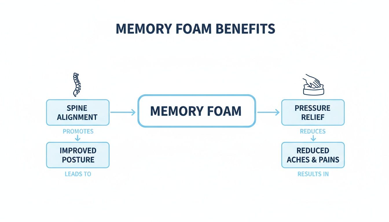 A flowchart illustrating memory foam benefits: spine alignment, improved posture, pressure relief, and reduced aches.