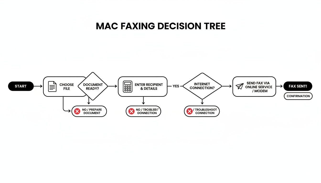 Flowchart detailing the steps to send a fax from a Mac, including document and internet connection checks.
