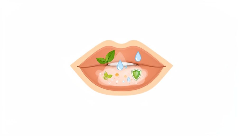 An illustration of lips containing green leaves, water droplets, and a shield, symbolizing natural lip care and protection.