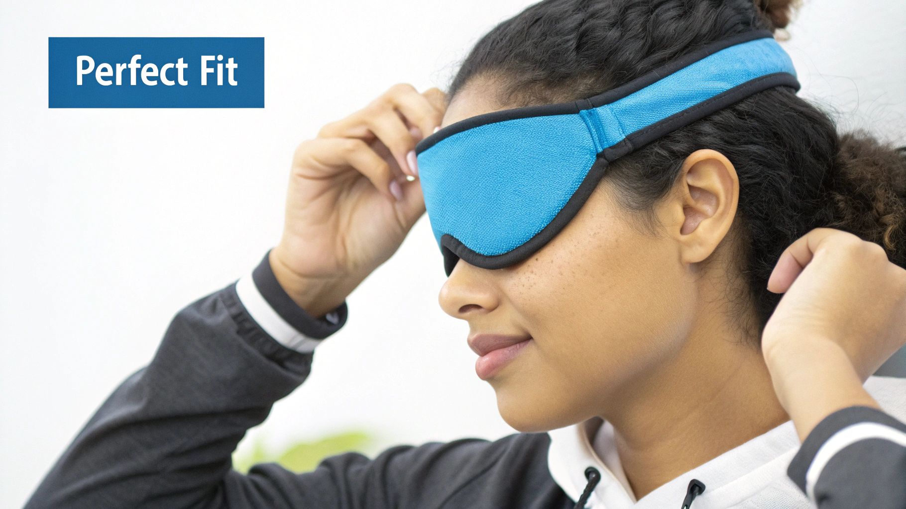 A woman with curly hair adjusts a blue sleep mask on her face, emphasizing a perfect fit.