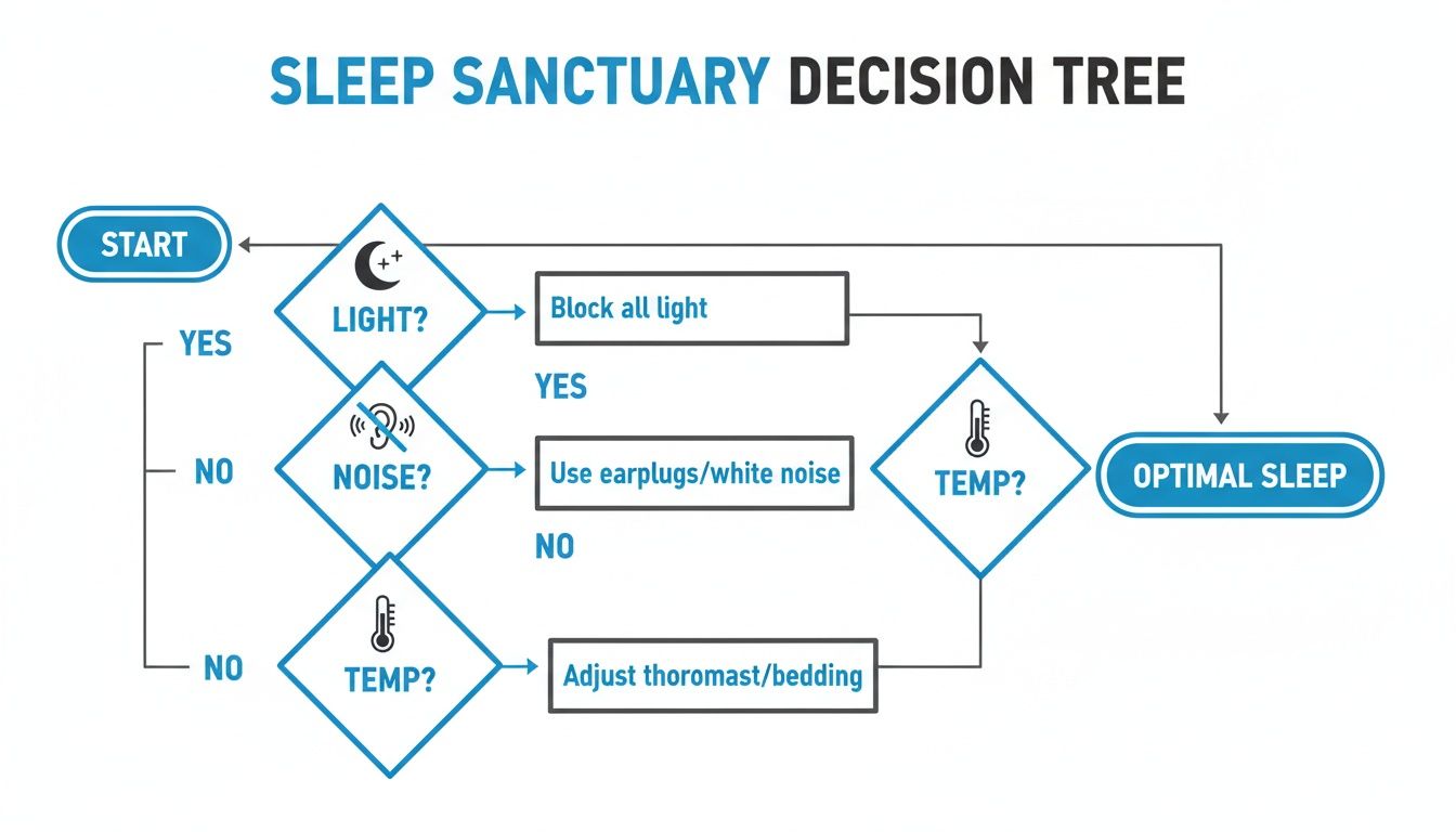 A sleep sanctuary decision tree flowchart guiding users to optimal sleep through light, noise, and temperature adjustments.