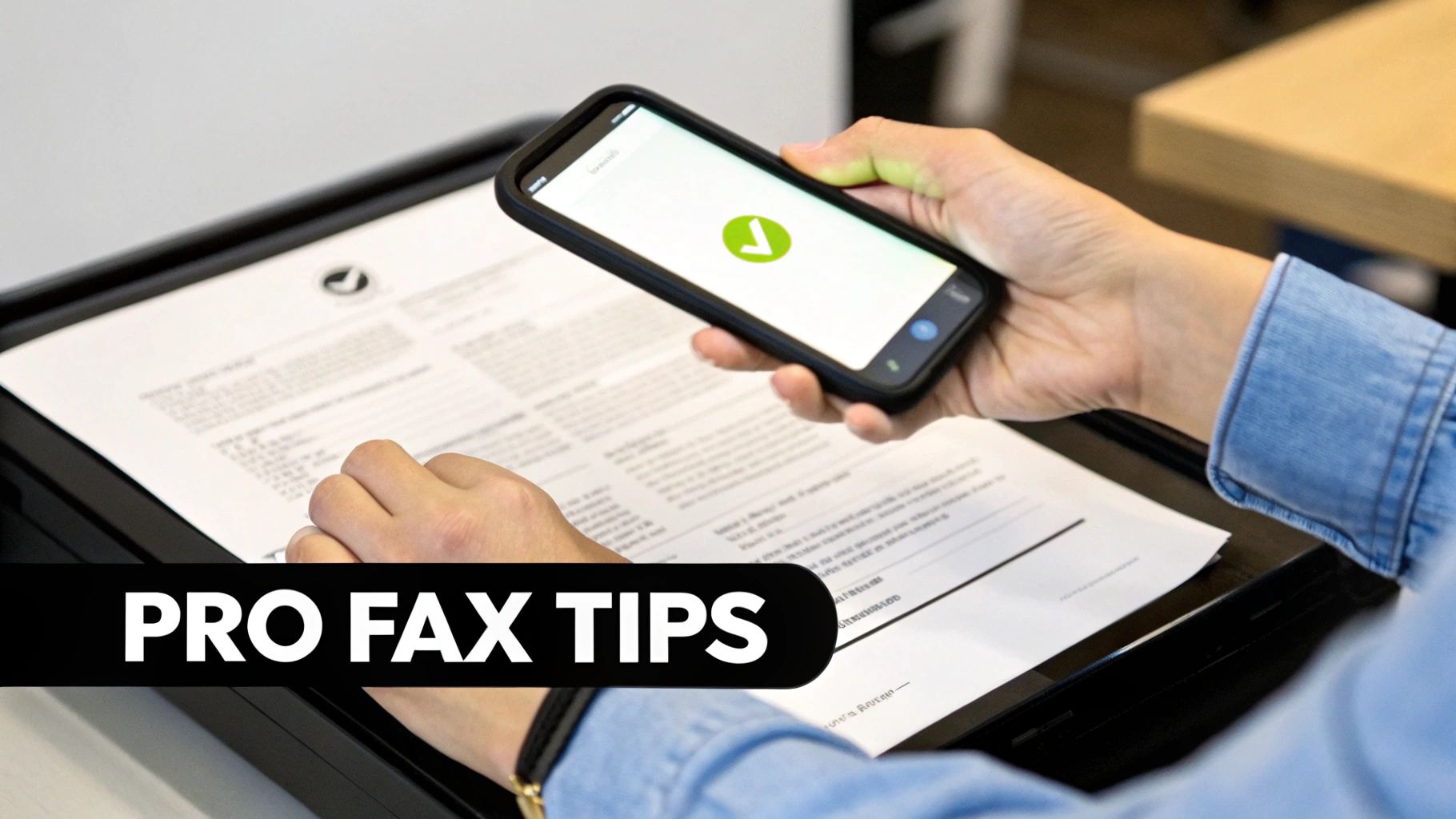Close-up of hands scanning a document with a smartphone displaying a green checkmark, with 'PRO FAX TIPS' overlay.
