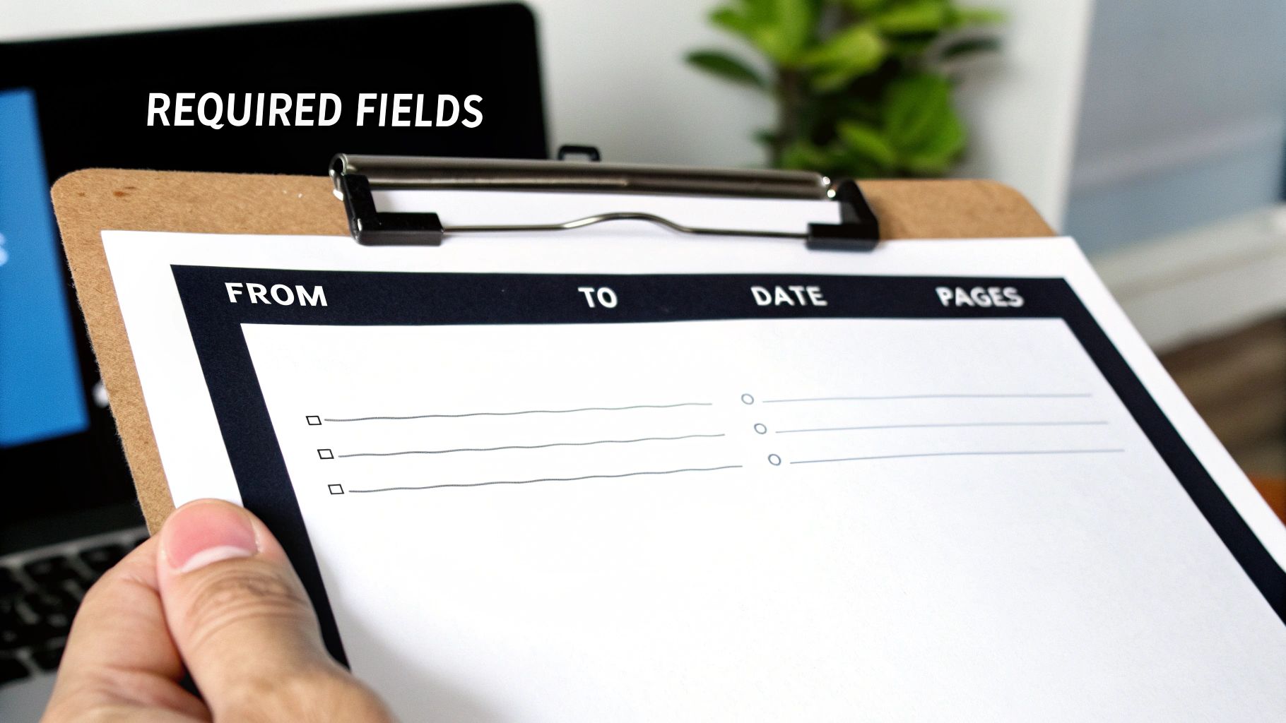 A person holds a clipboard with a 'REQUIRED FIELDS' form, showing 'FROM', 'TO', 'DATE', and 'PAGES' sections.