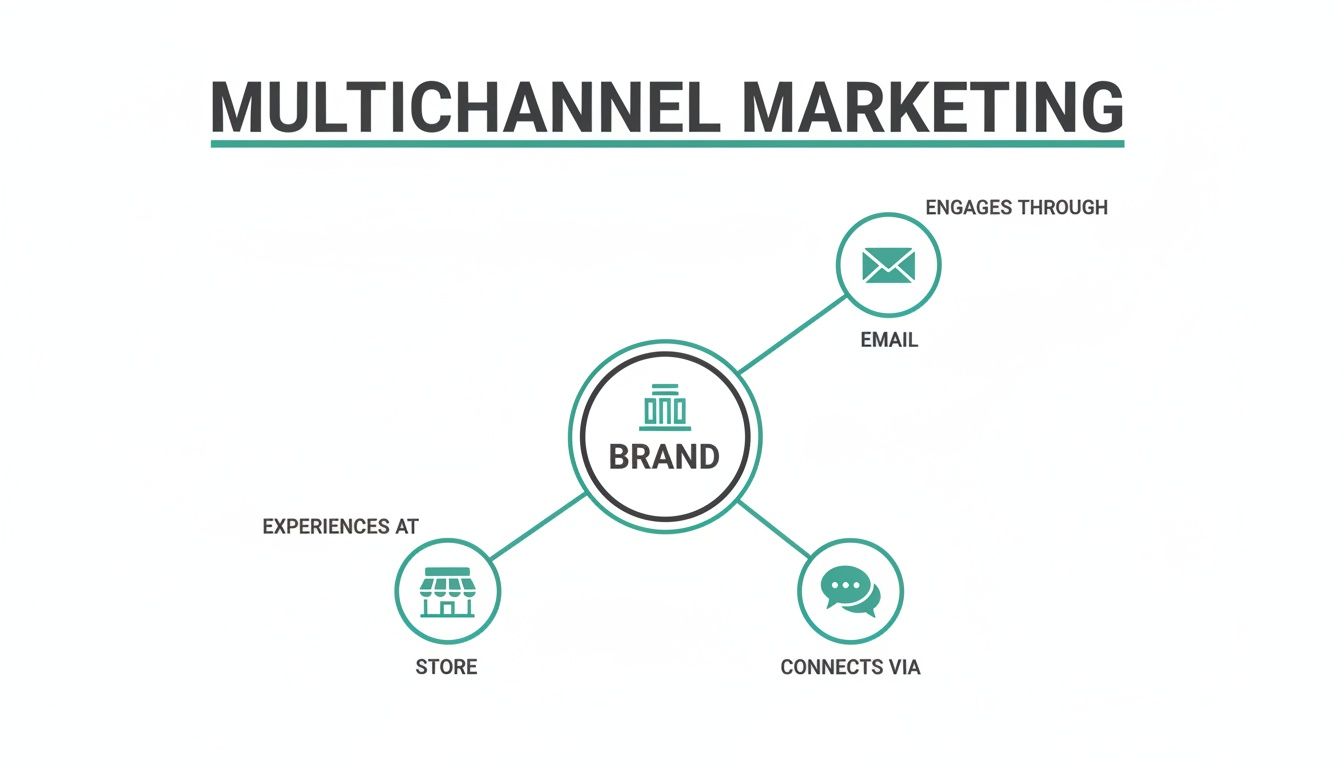 Diagram illustrating multichannel marketing, showing a brand connecting to email, store, and chat experiences.