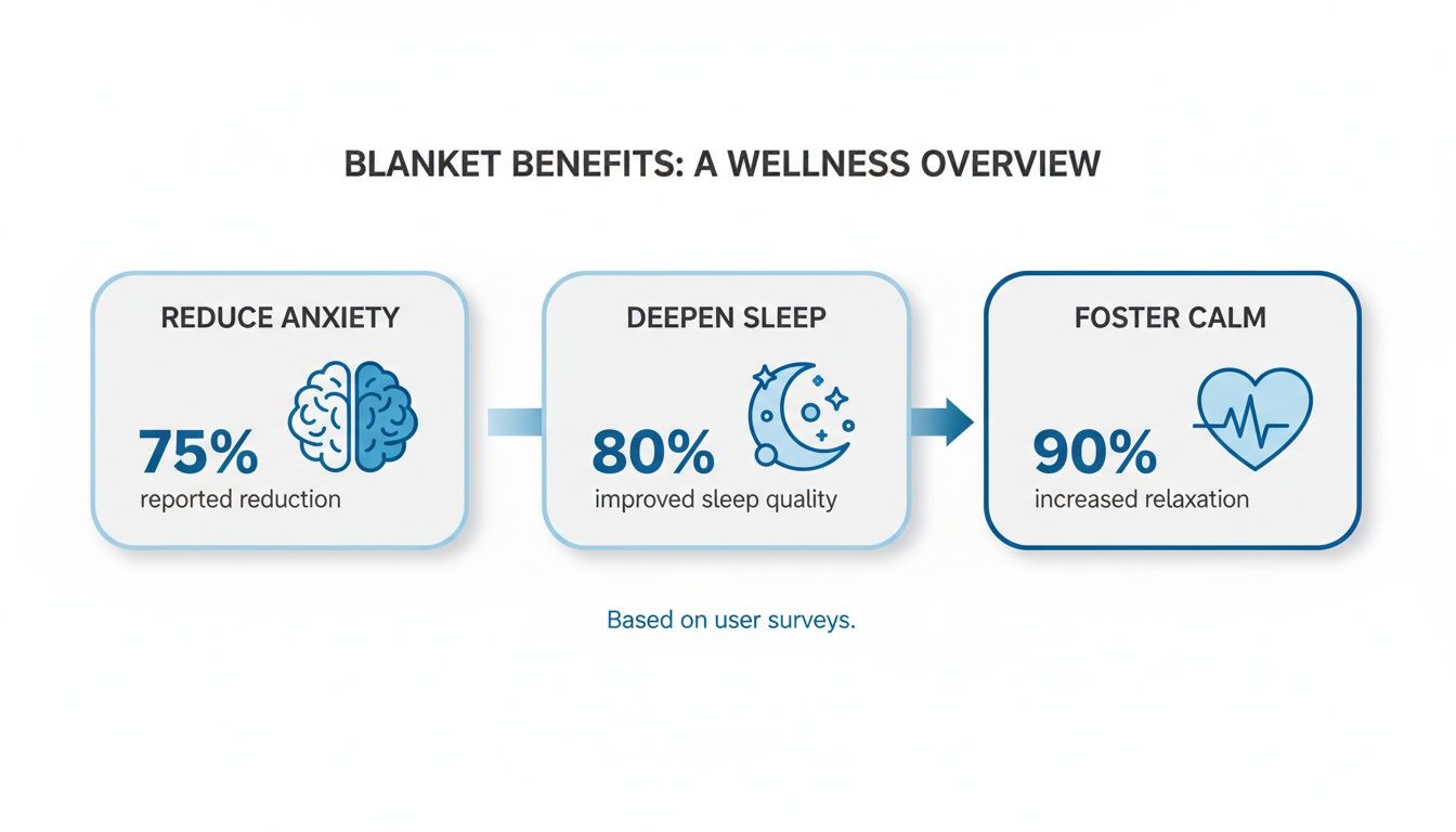 Infographic showing blanket benefits: 75% reduced anxiety, 80% improved sleep, and 90% increased relaxation, based on user surveys.