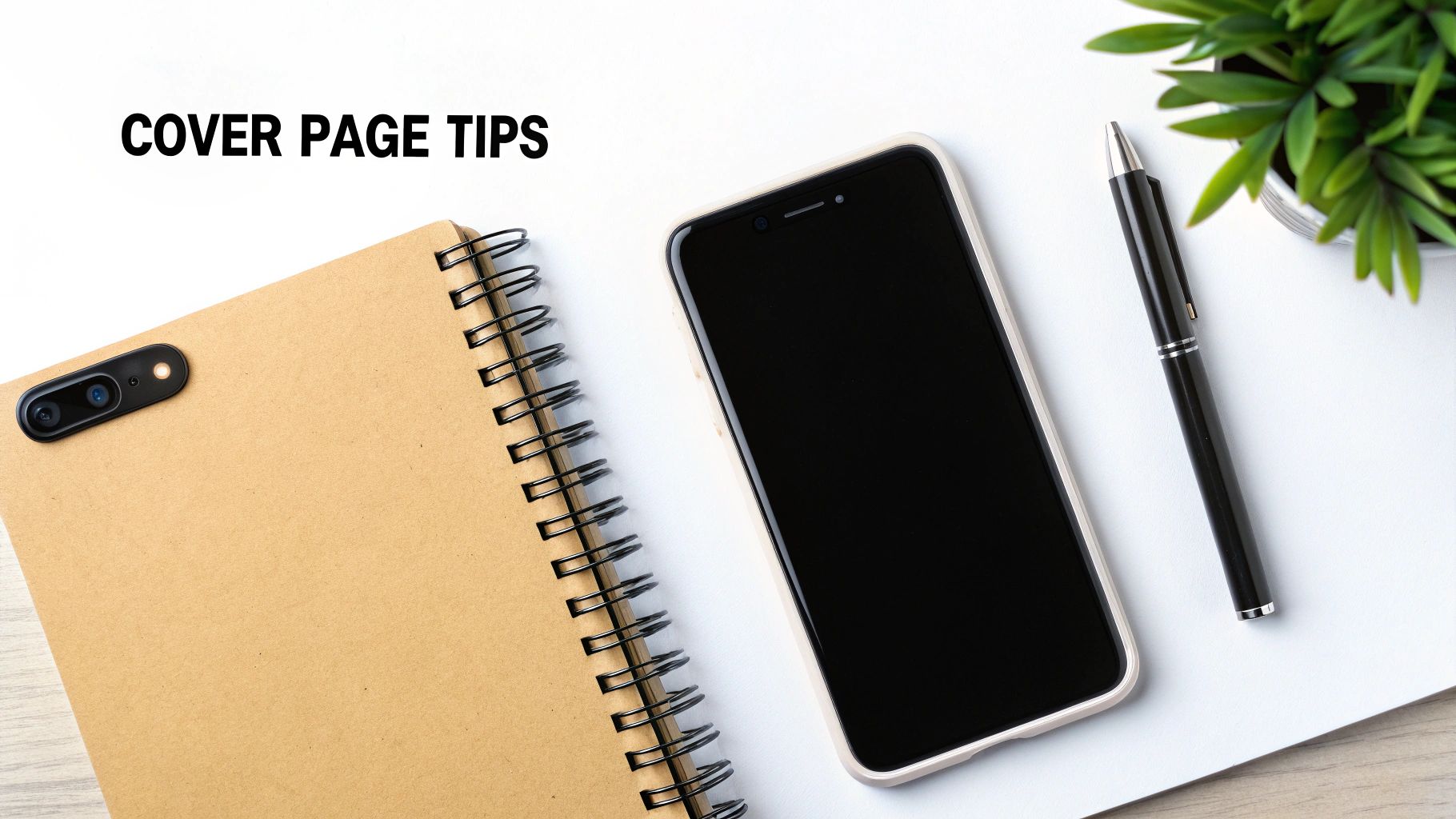 A top-down view of a white desk with a notebook, smartphone, pen, and text 'COVER PAGE TIPS'.