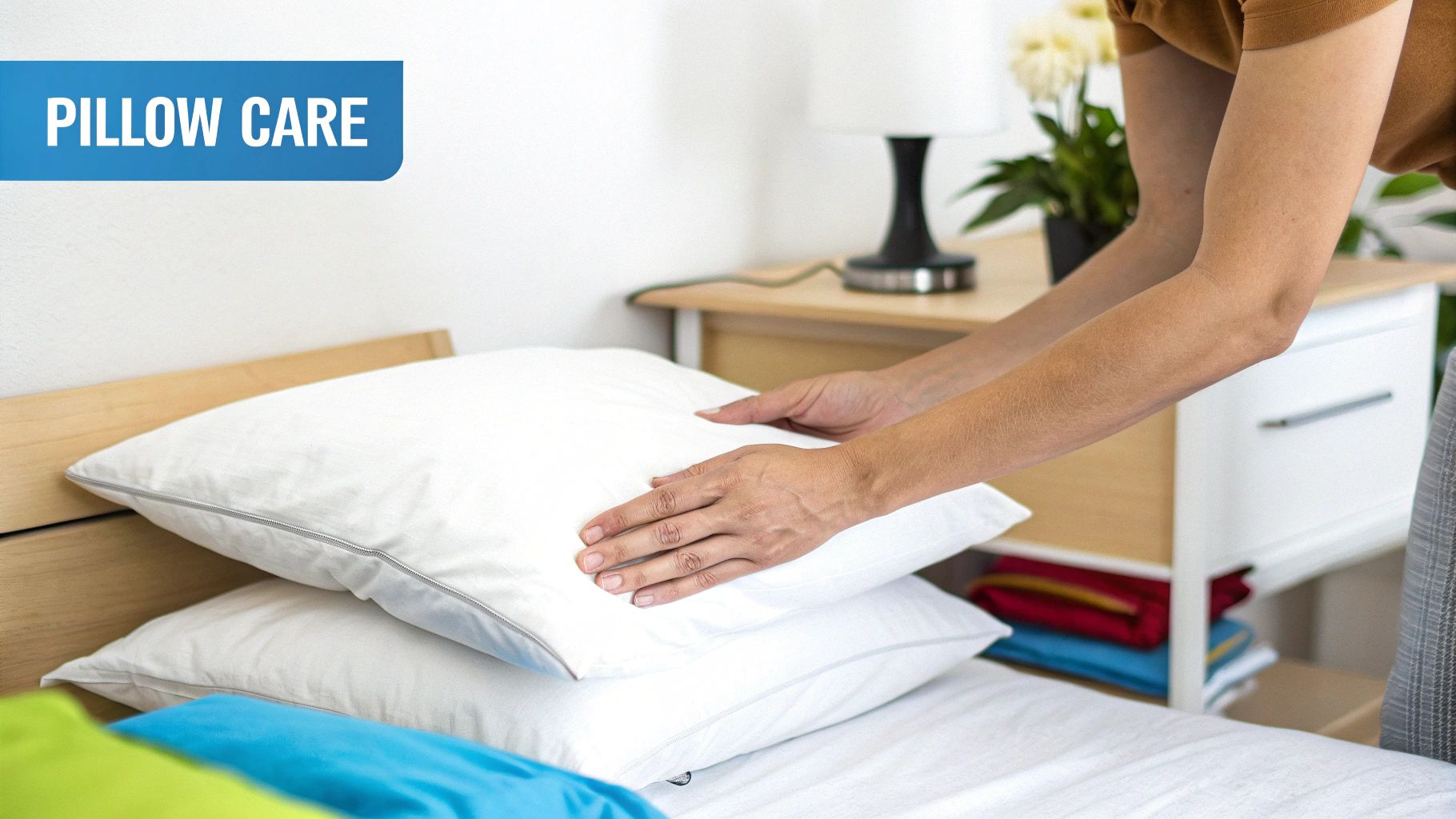 A person's hands adjusting fresh white pillows on a clean bed, emphasizing pillow care.