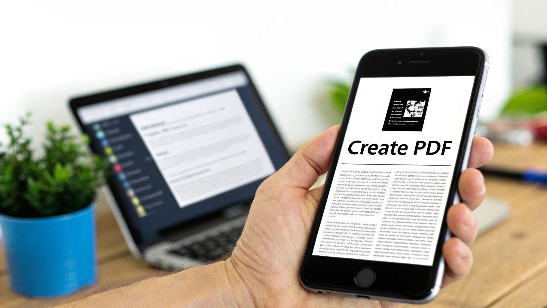 A person holds a smartphone displaying 'Create PDF' with a document, a laptop in the background.