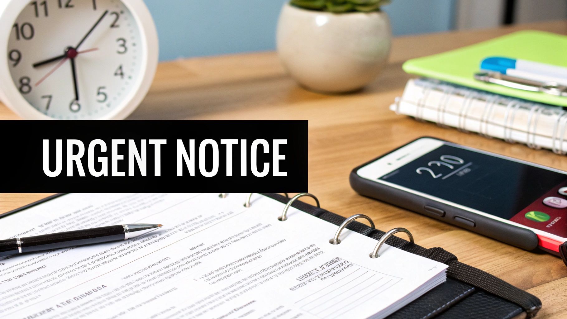 A desk with an alarm clock, plant, smartphone, planner, and pen, overlaid with an "URGENT NOTICE" banner.