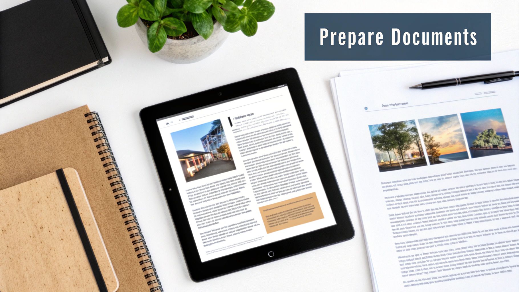 A modern workspace with a tablet displaying documents, papers, notebooks, and a plant, promoting document preparation.