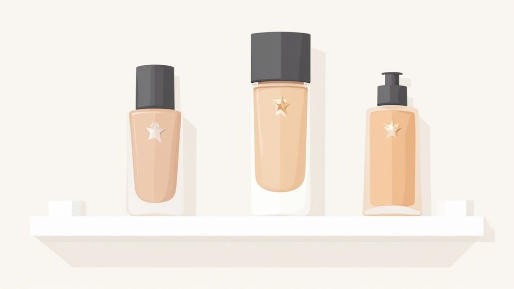 Various foundation bottles and compacts arranged on a clean, neutral background.