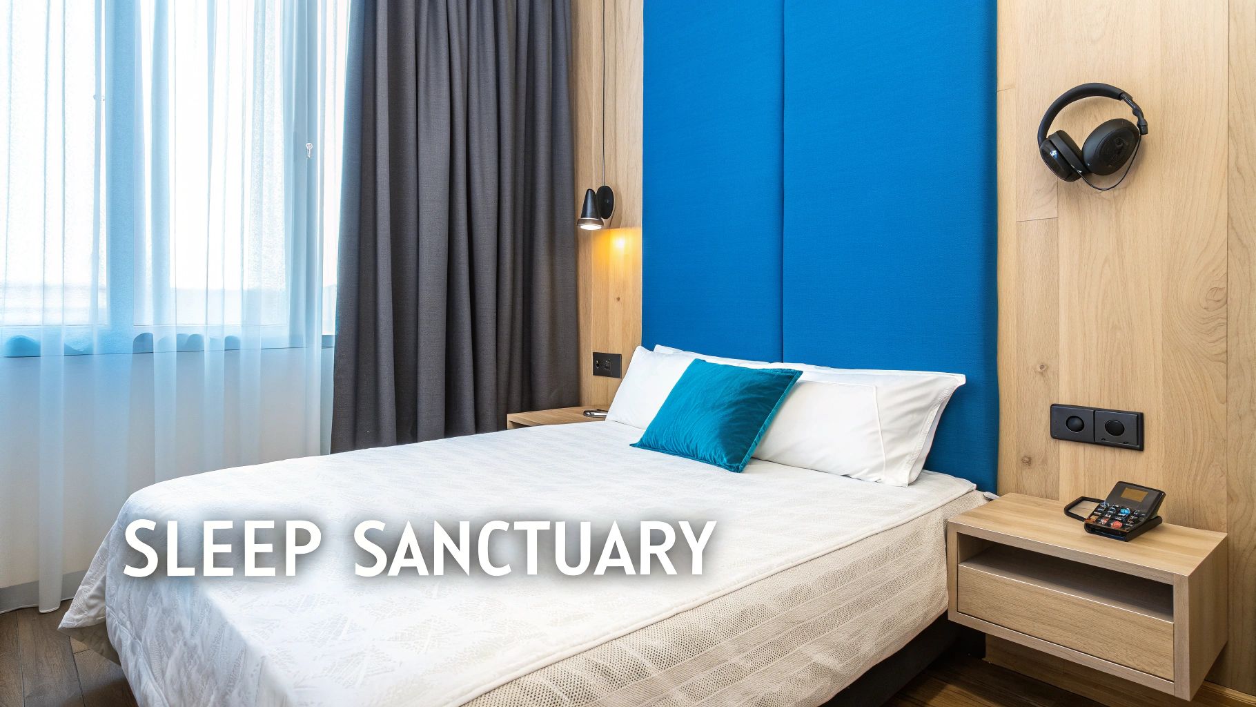 Modern hotel bedroom with a comfortable bed, blue headboard, and a bright window, creating a sleep sanctuary.