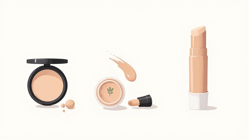 Various skin-tone makeup products including compact powder, liquid foundation, and stick concealer on a white background.