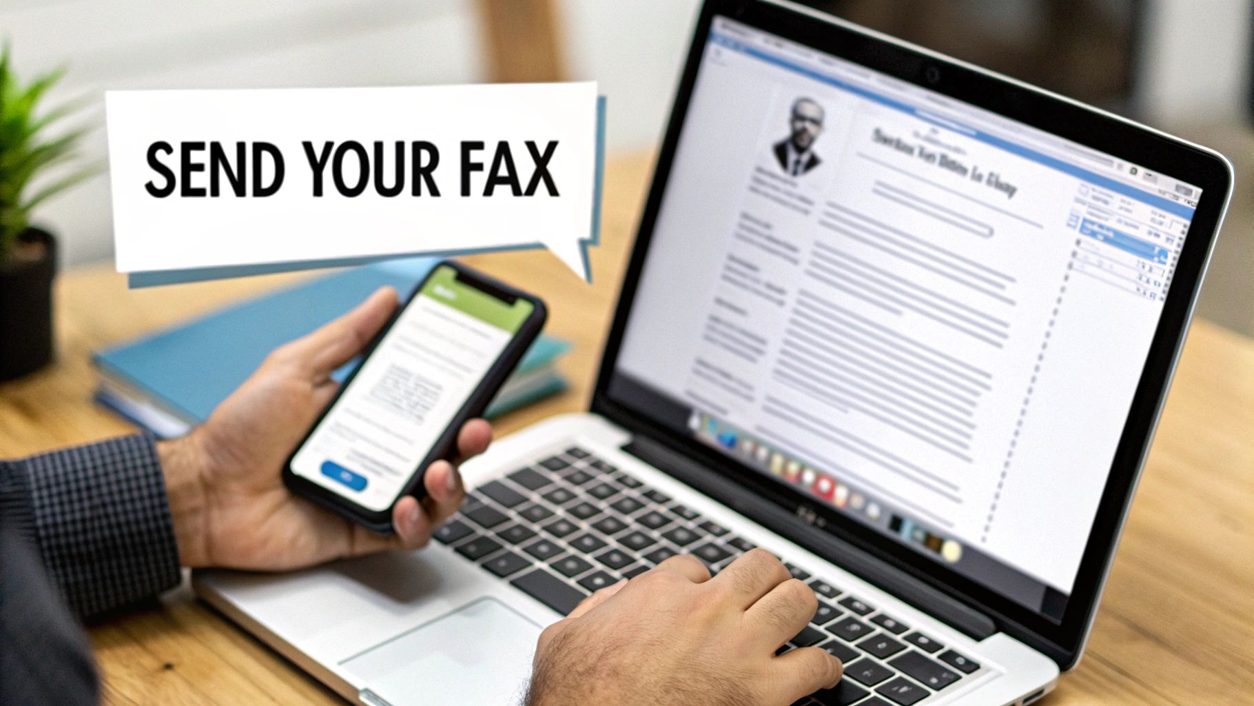 A person is using a mobile phone and a laptop to send a fax message digitally.