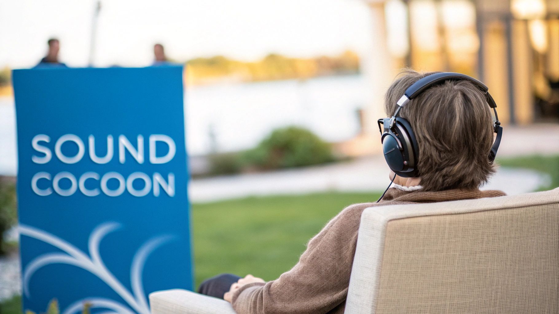 A calm, abstract image representing sound waves and frequencies in soothing colors.