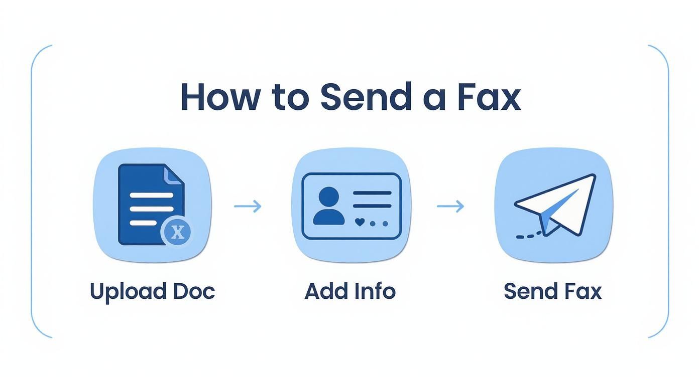 A three-step infographic showing how to send a fax: upload document, add information, and send fax.