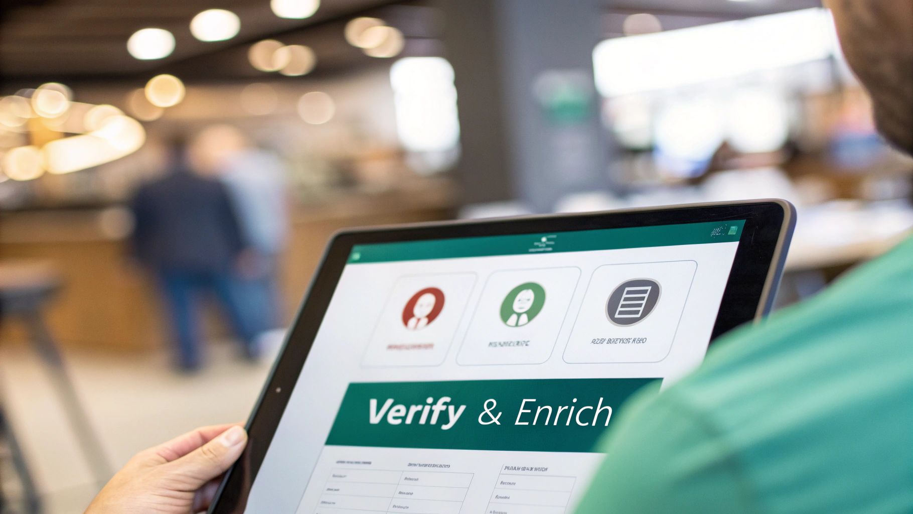A person holds a tablet displaying a "Verify & Enrich" application in a blurred office setting.