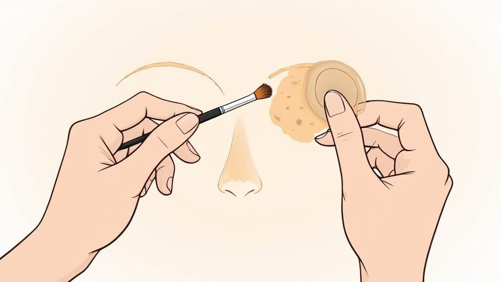 A woman applying foundation with a makeup sponge, focusing on blending for a natural look.
