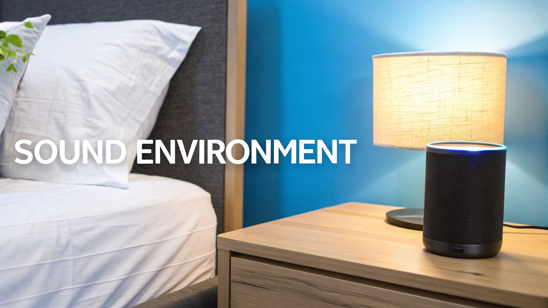 A sound machine on a nightstand next to a bed.