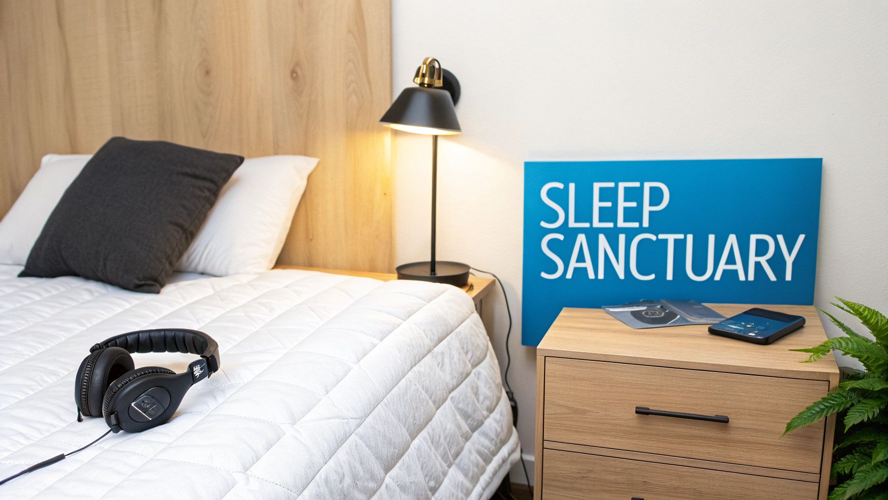 A cozy bedroom with a white bed, dark pillow, lamp, and 'Sleep Sanctuary' sign.