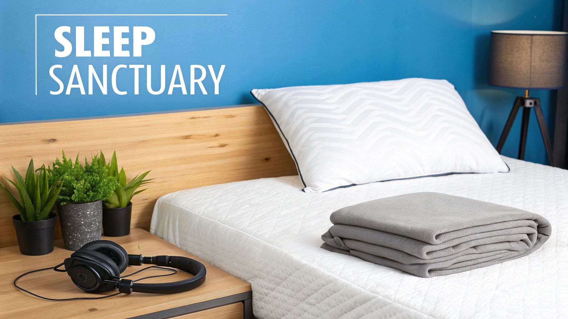 Modern bedroom with a white bed, patterned pillow, grey blanket, and plants on a nightstand.