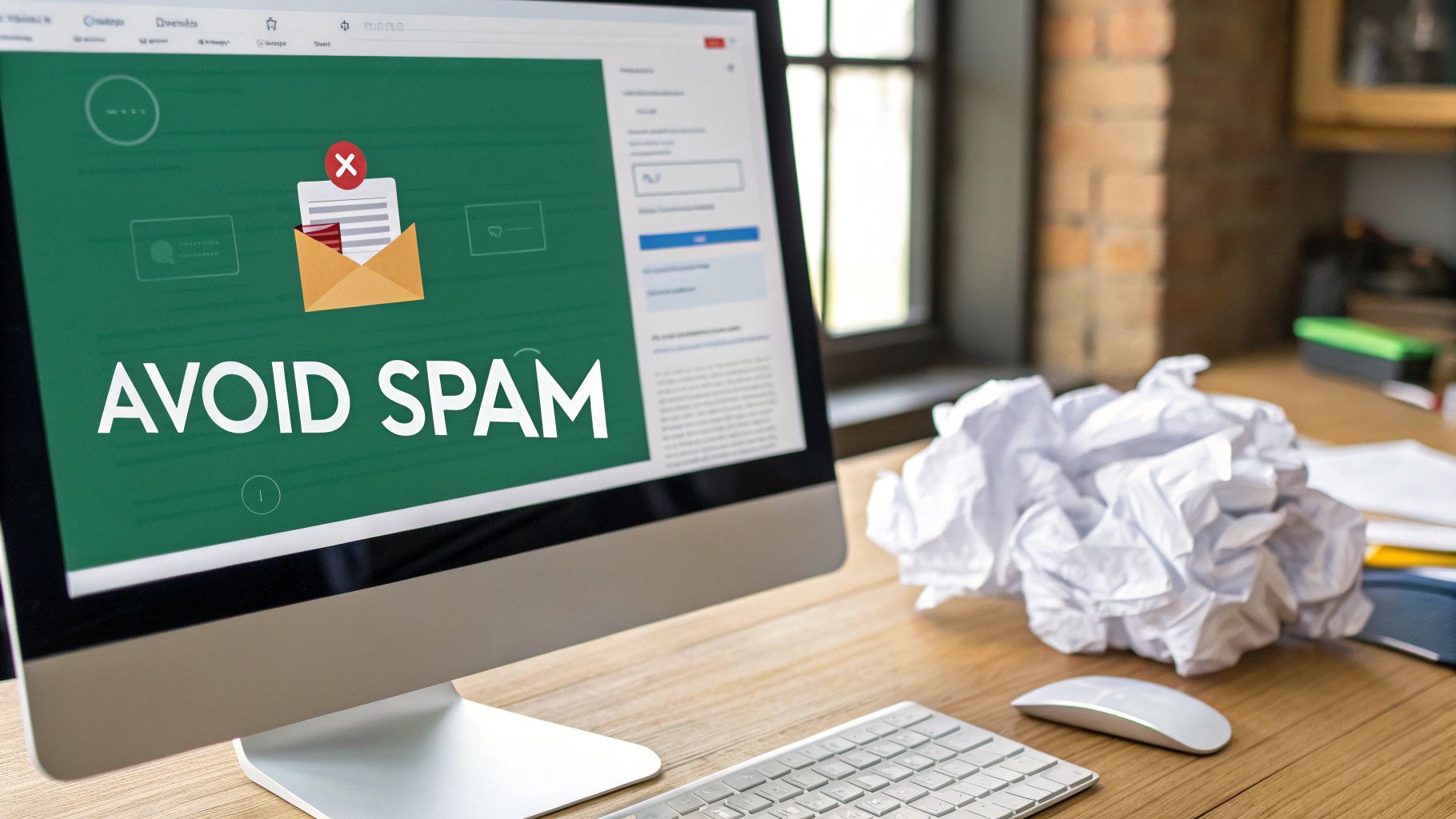 Computer screen displaying 'AVOID SPAM' and an email icon, with crumpled paper on a wooden desk, symbolizing email management.