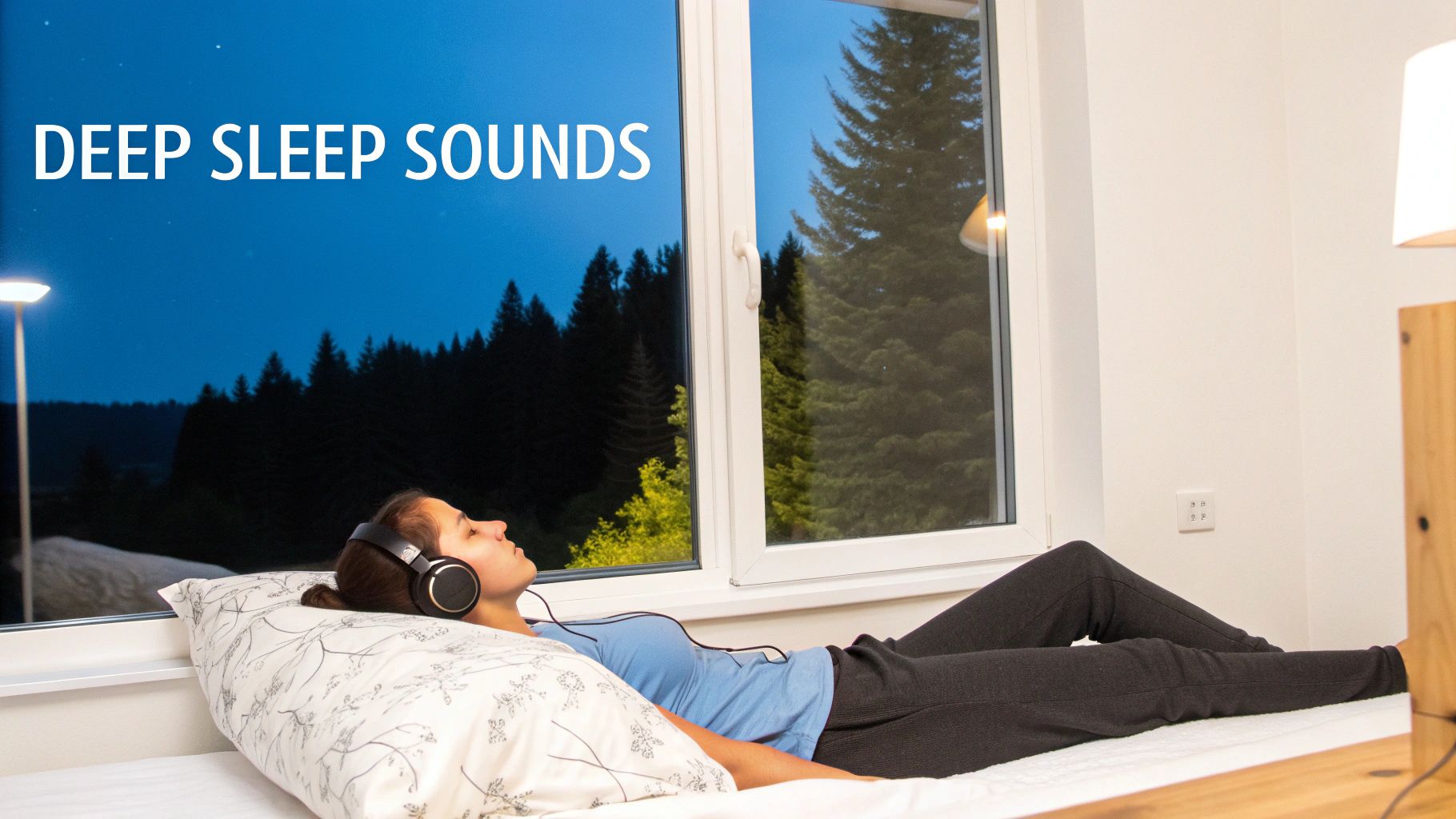 A woman lies on a bed with headphones, looking out a window at a dark forest at night, promoting deep sleep.
