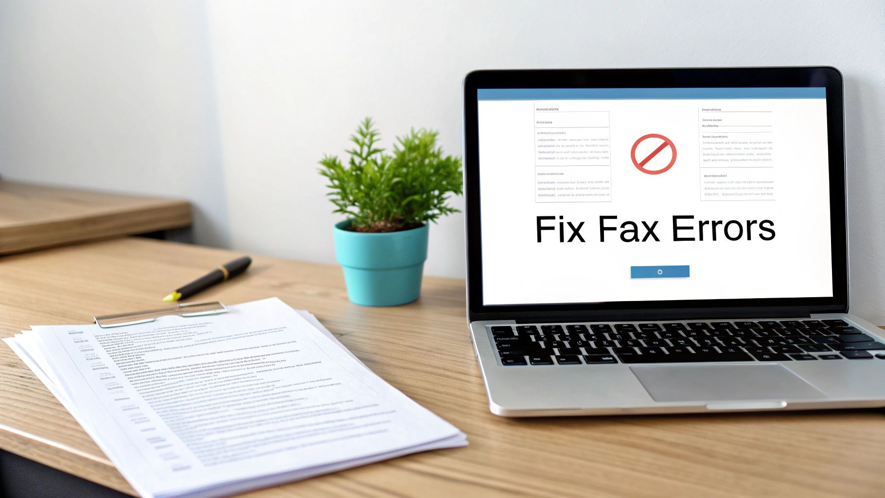 A laptop on a wooden desk displaying 'Fix Fax Errors' with a red 'no' symbol, alongside a plant and documents.