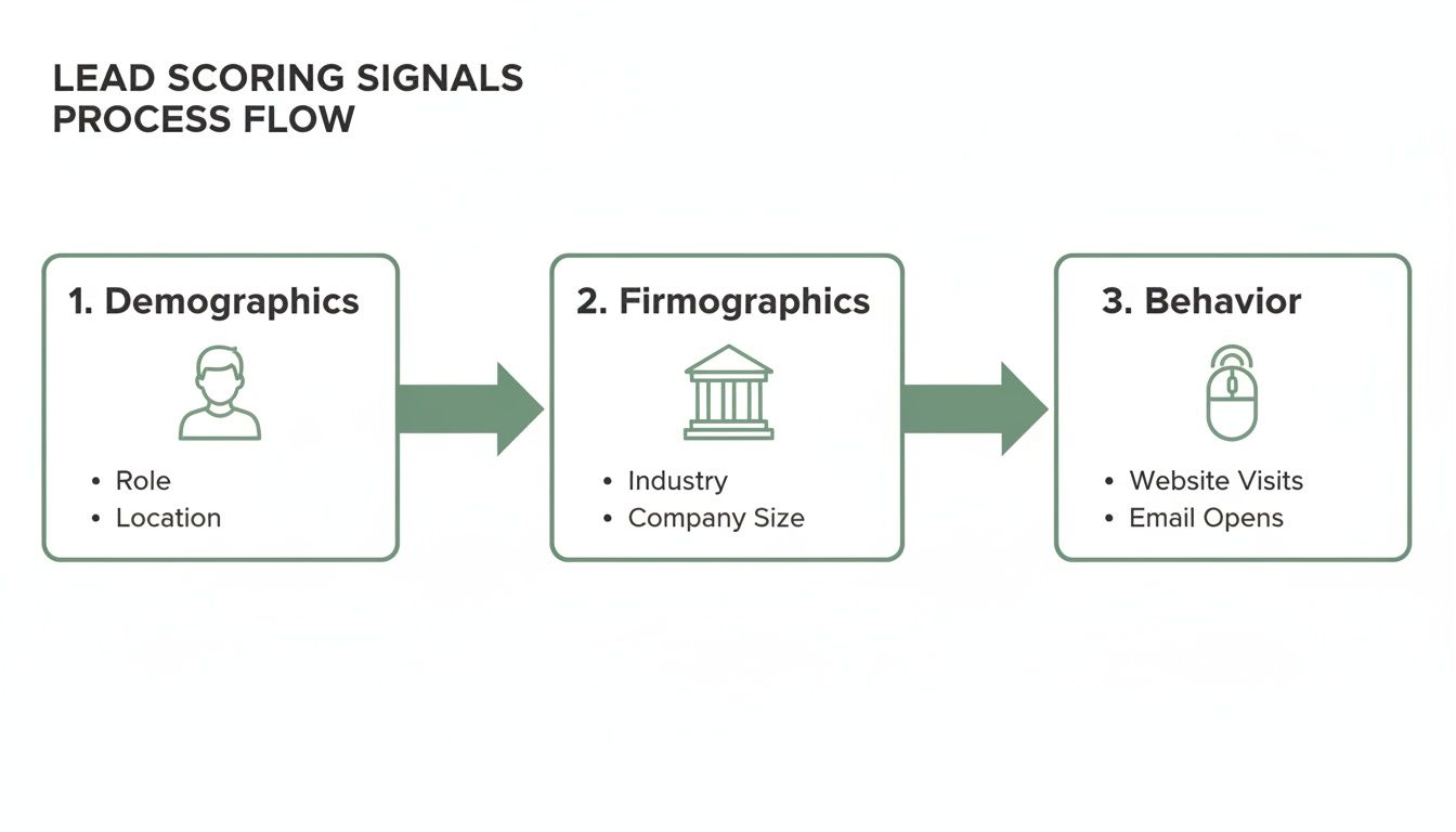 Flowchart illustrating lead scoring signals process flow: Demographics, Firmographics, and Behavior categories.